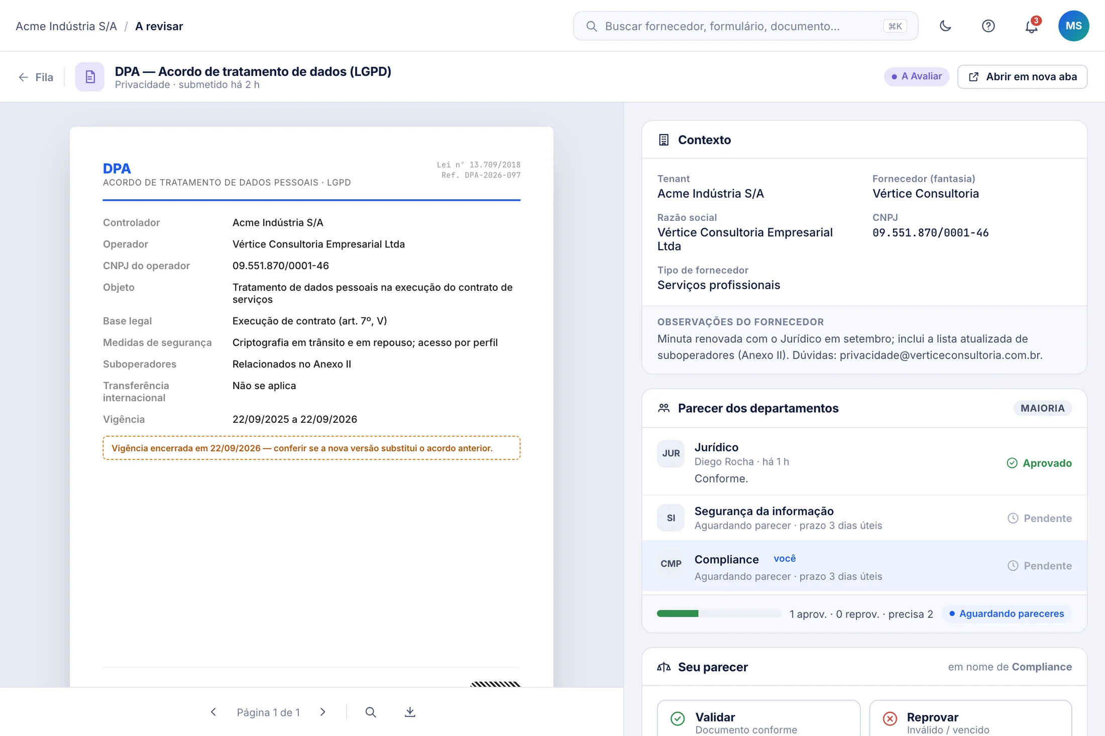 Revisão de documento com parecer de cada departamento